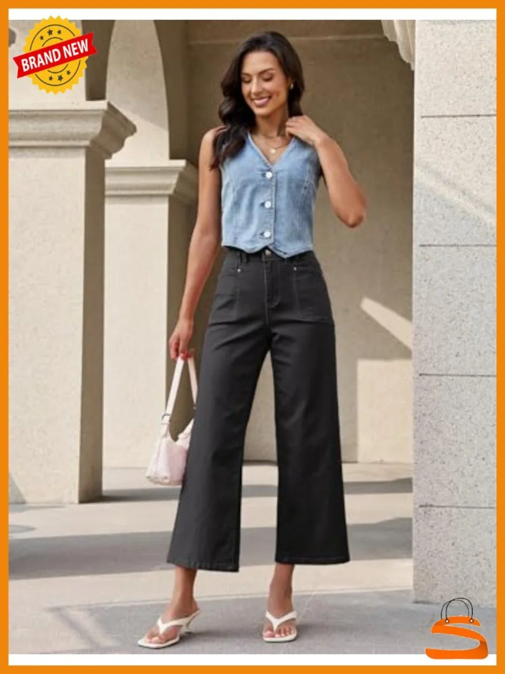 Wide Leg Cropped Jeans High Waisted Stretchy Denim Pants